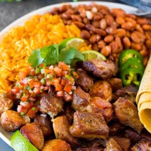 A plate of Instant Pot carnitas with rice, beans, salsa and tortillas.