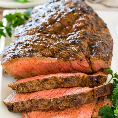 Meat cooked in London broil marinade, then sliced.