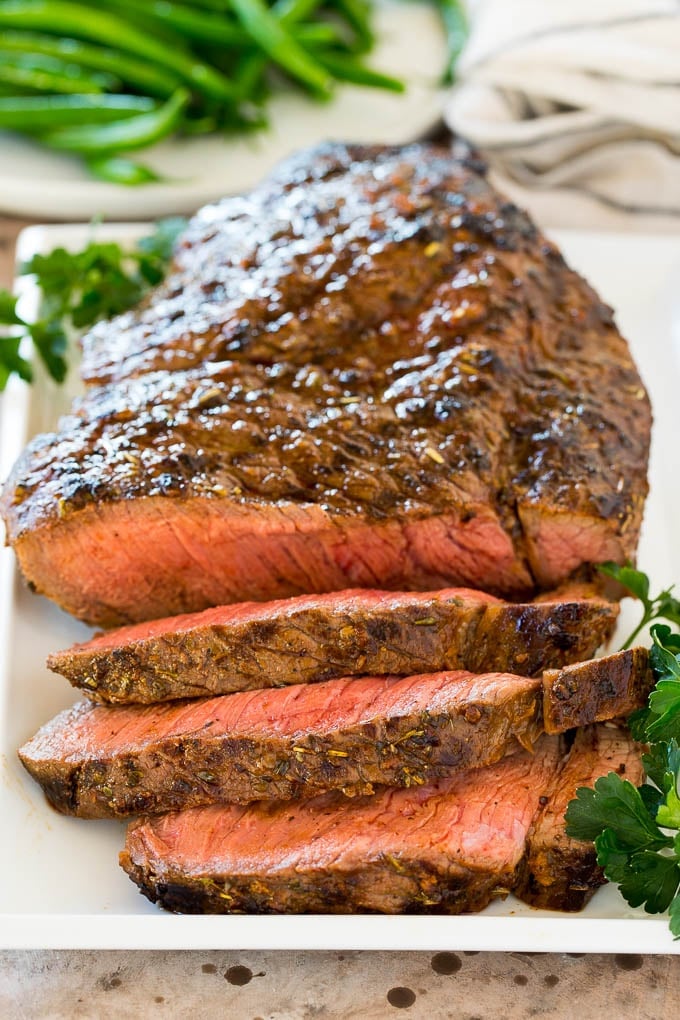 Meat cooked in London broil marinade, then sliced.