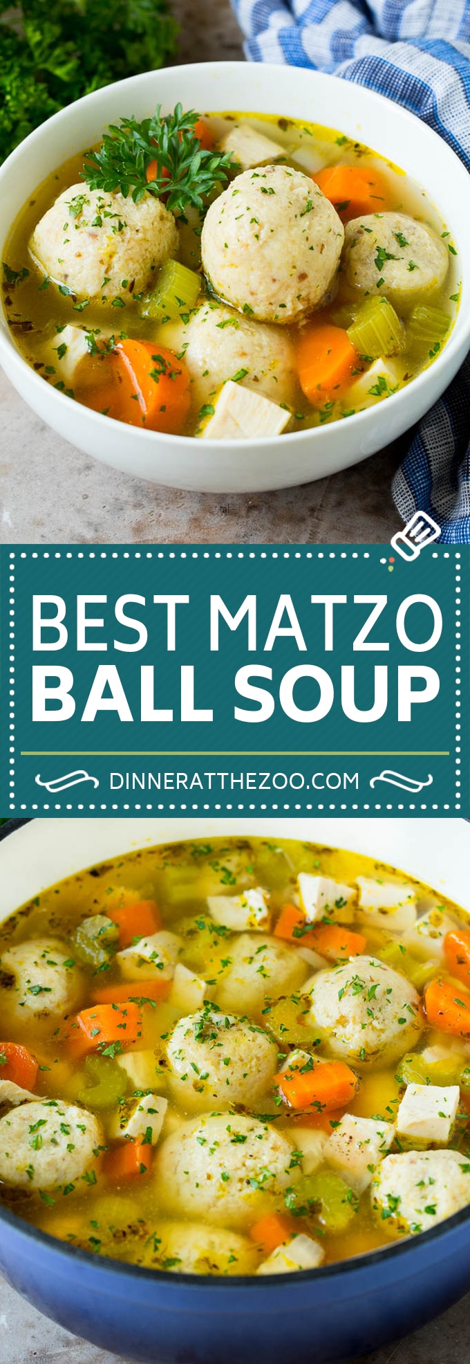 This matzo ball soup is chicken and vegetables simmered with matzo balls in a savory broth.