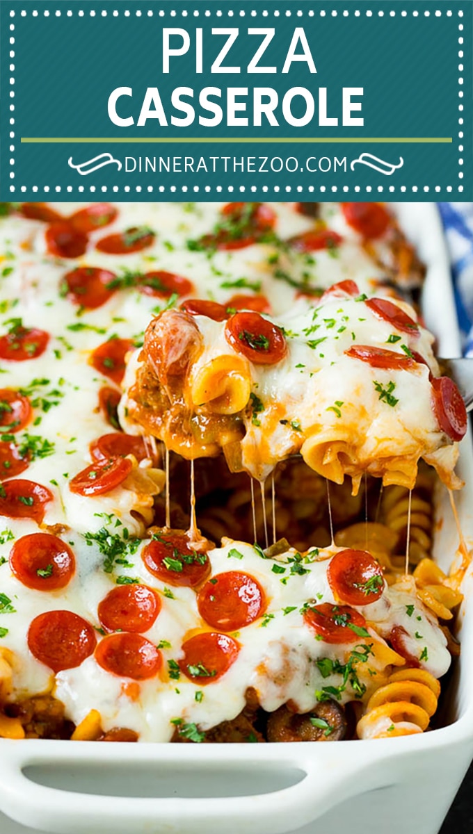 This pizza casserole is pasta simmered in tomato sauce with pepperoni, sausage, olives and bell peppers.