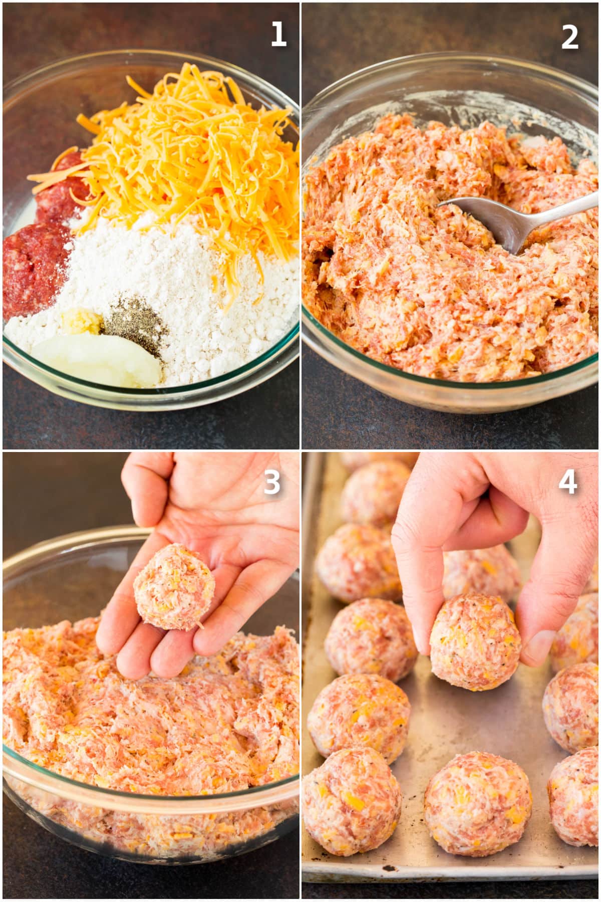Step by step shots showing how to make a sausage mixture and shape it into round balls.