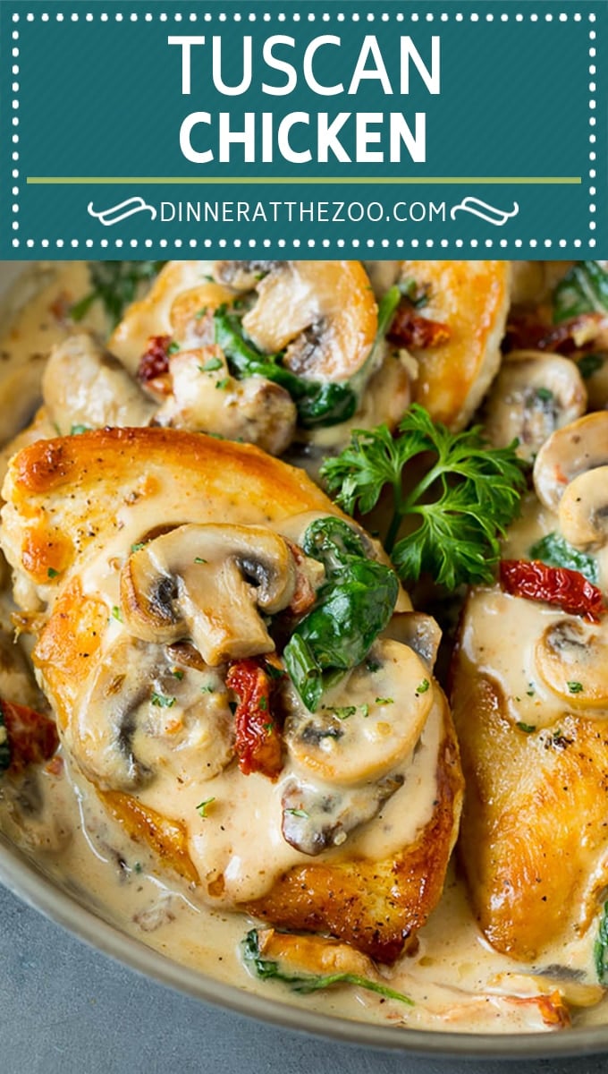 This Tuscan chicken is golden brown chicken breasts coated in a creamy parmesan, mushroom, sun dried tomato and spinach sauce.