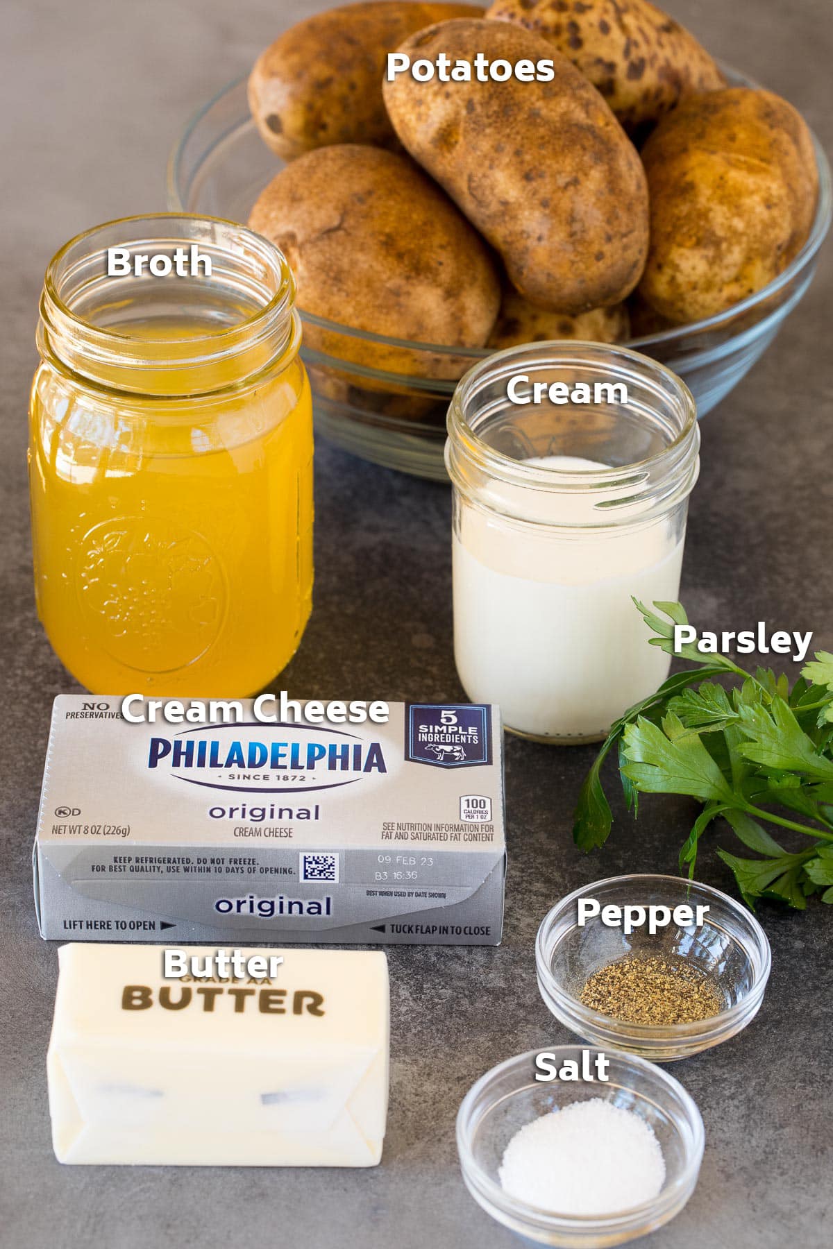 Ingredients including spuds, chicken broth, cream, butter and cream cheese.