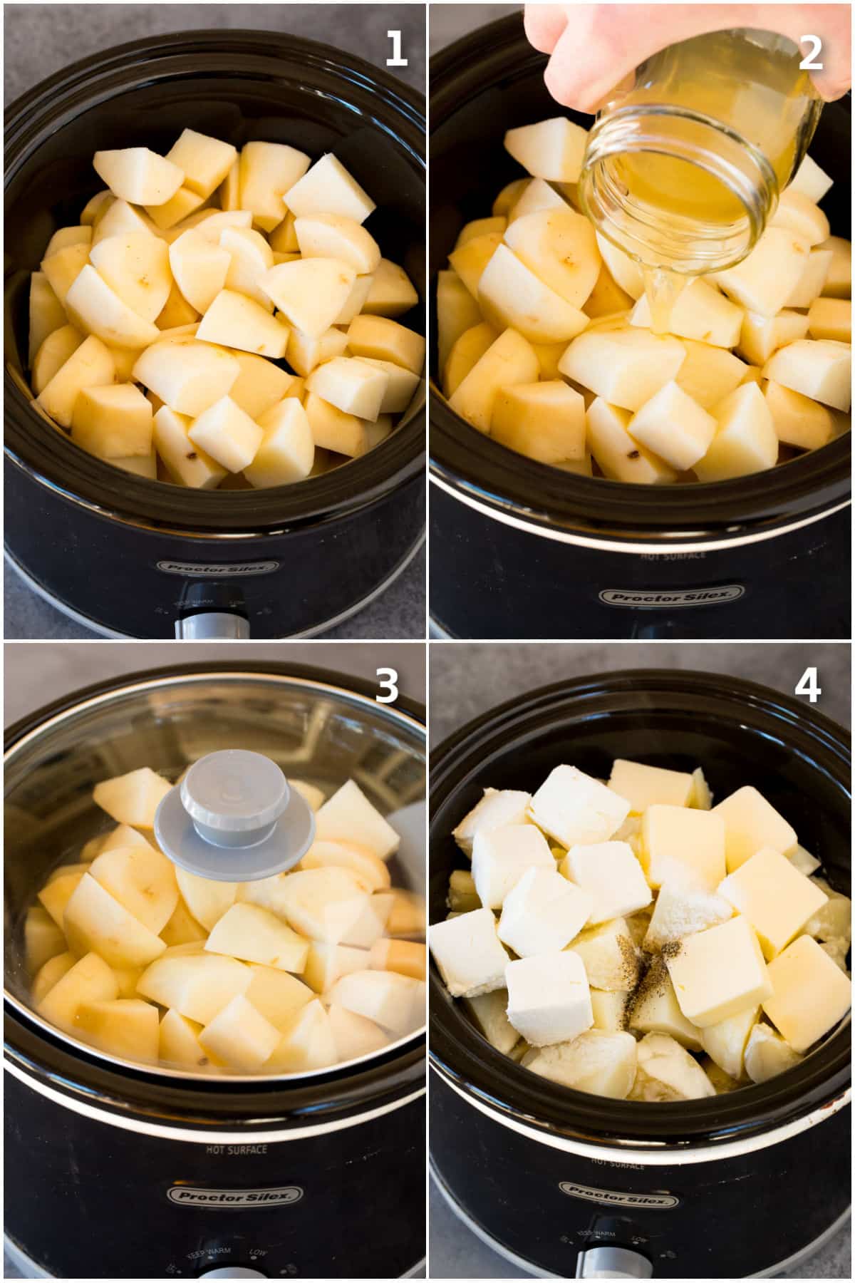 Step by step process shots showing how to make crock pot mashed potatoes.