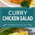 This curry chicken salad is a blend of  diced chicken, fresh veggies, dried fruit and nuts, all tossed together in a creamy spiced dressing.