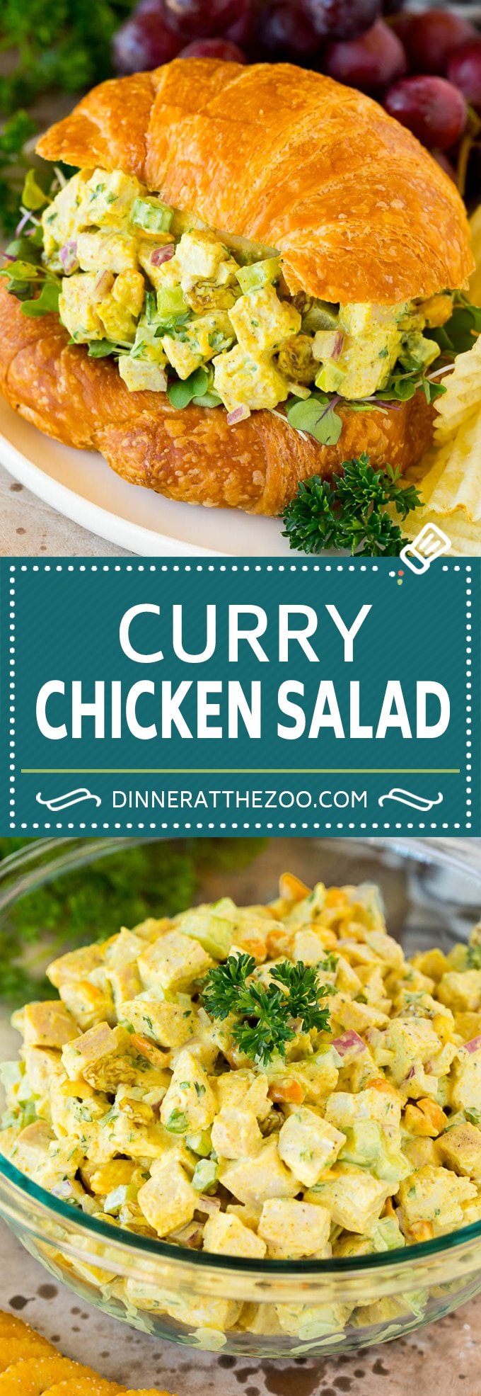 This curry chicken salad is a blend of  diced chicken, fresh veggies, dried fruit and nuts, all tossed together in a creamy spiced dressing.