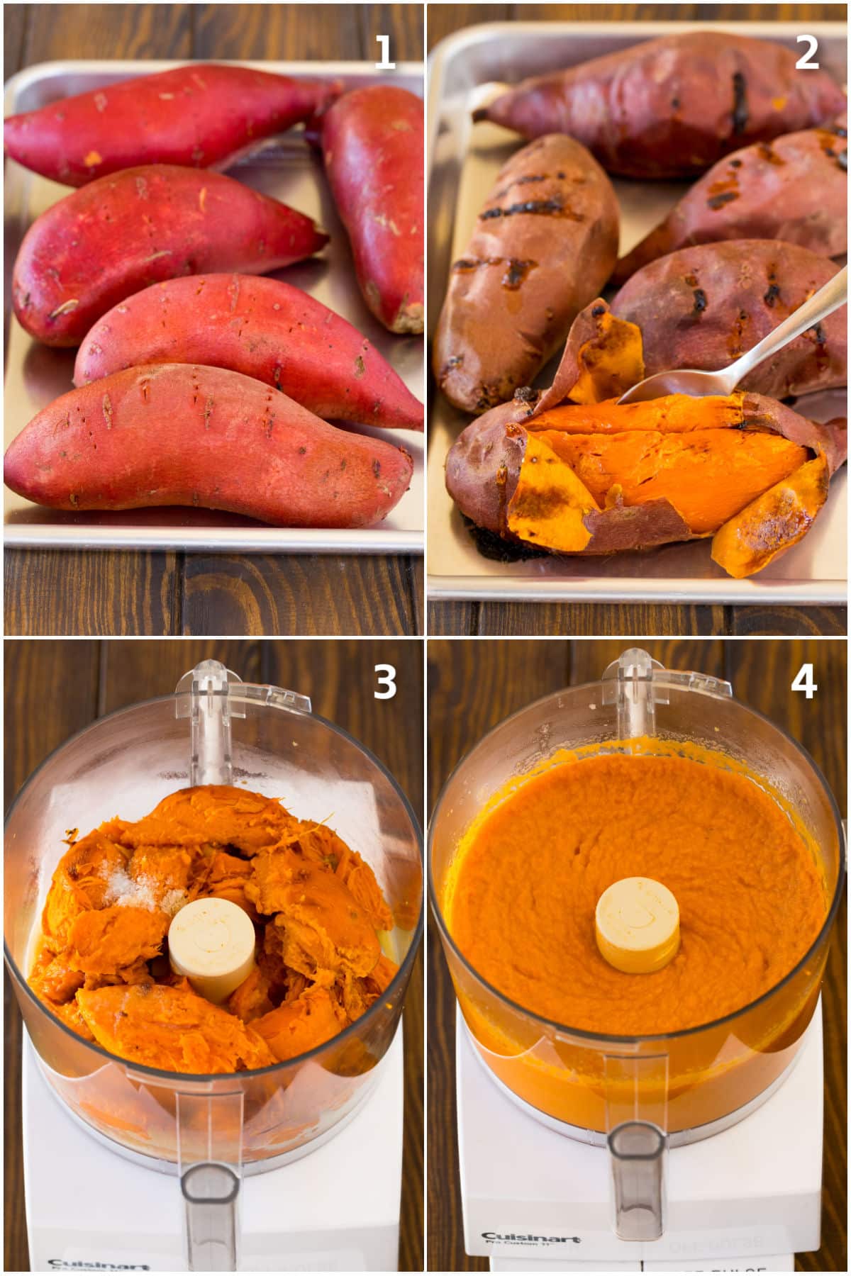 Step by step shots showing how to cook and puree sweet potatoes.