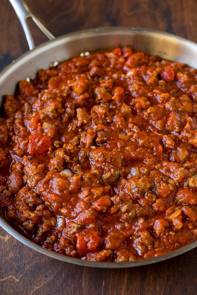 Homemade meat sauce in a pan.