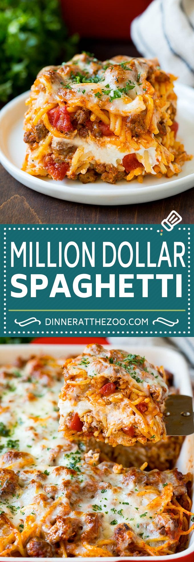 This million dollar spaghetti is tender pasta tossed in a hearty meat sauce, then layered with four types of cheese and baked to golden brown perfection.