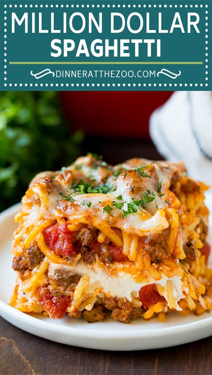 This million dollar spaghetti is tender pasta tossed in a hearty meat sauce, then layered with four types of cheese and baked to golden brown perfection.