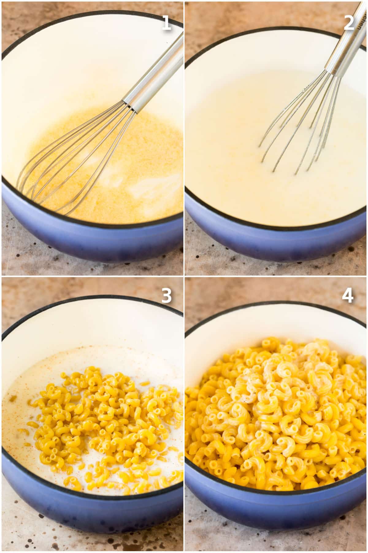Process shots showing how to cook macaroni in a white sauce.