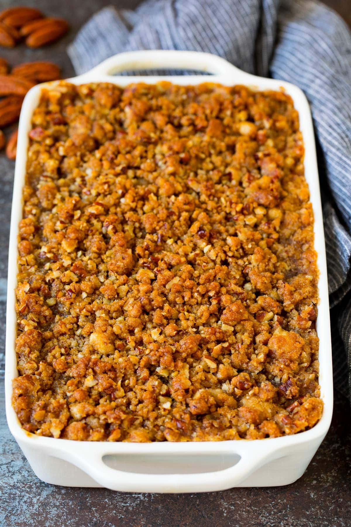 A baked sweet potato souffle with pecan topping.