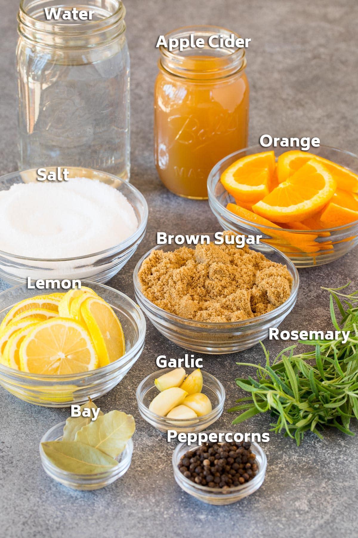 Ingredients including apple cider, salt, sugar, herbs and seasonings.