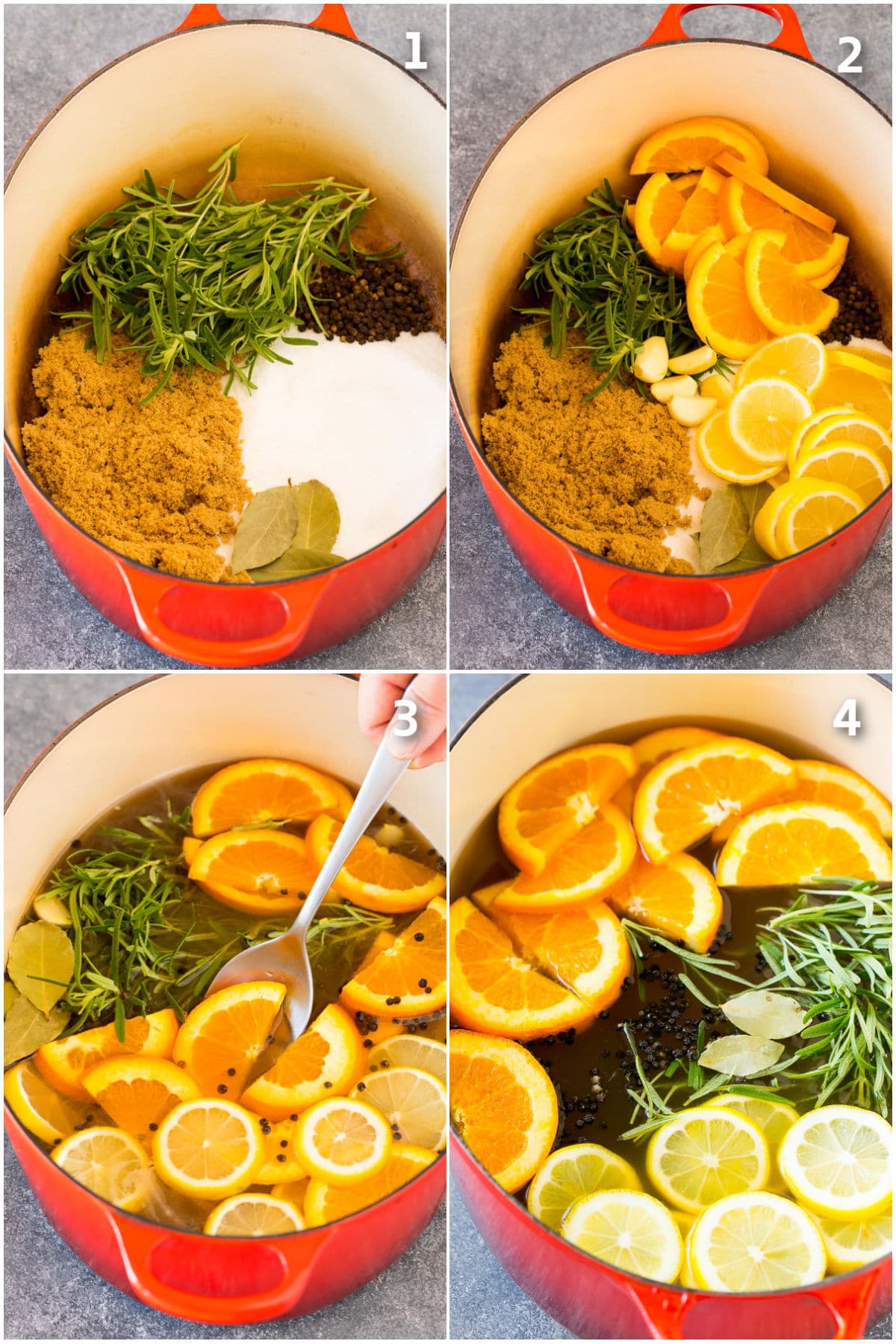 Step by step process shots showing how to make turkey brine.
