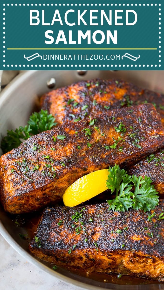 This blackened salmon is fresh salmon fillets coated in butter and a homemade seasoning blend, then seared to create a dark crust.