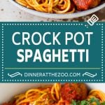 This crock pot spaghetti is homemade beef meatballs that are simmered in tomato sauce, then tossed with spaghetti to make an easy meal.