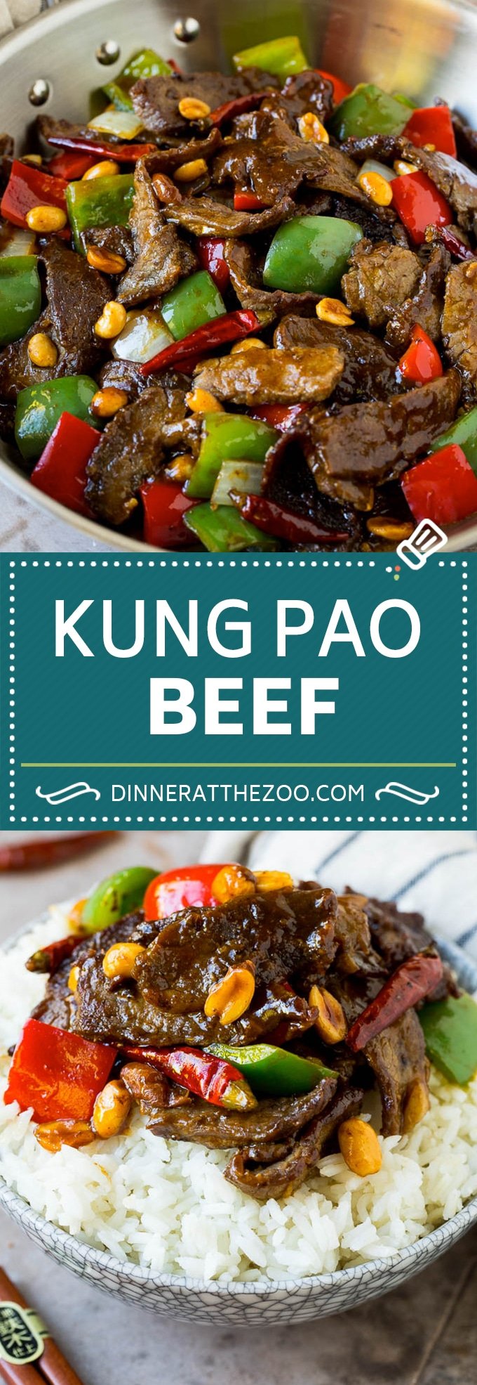 This kung pao beef is a combination of thinly sliced steak, bell peppers, onions and roasted peanuts, all in a savory and spicy sauce.