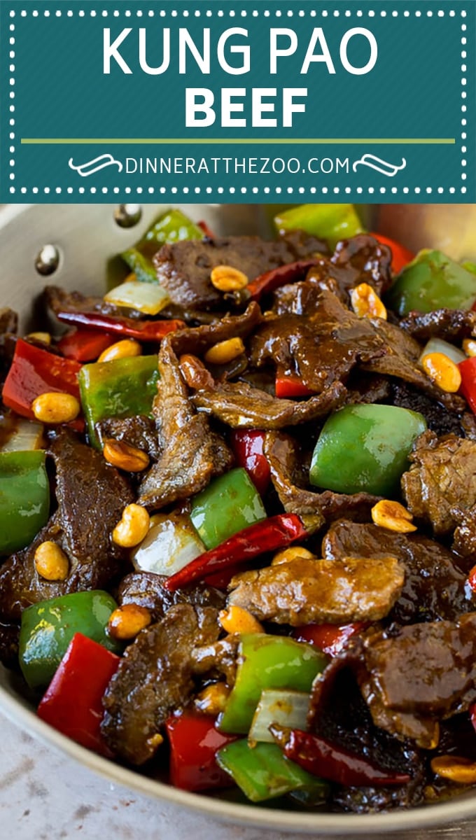 This kung pao beef is a combination of thinly sliced steak, bell peppers, onions and roasted peanuts, all in a savory and spicy sauce.