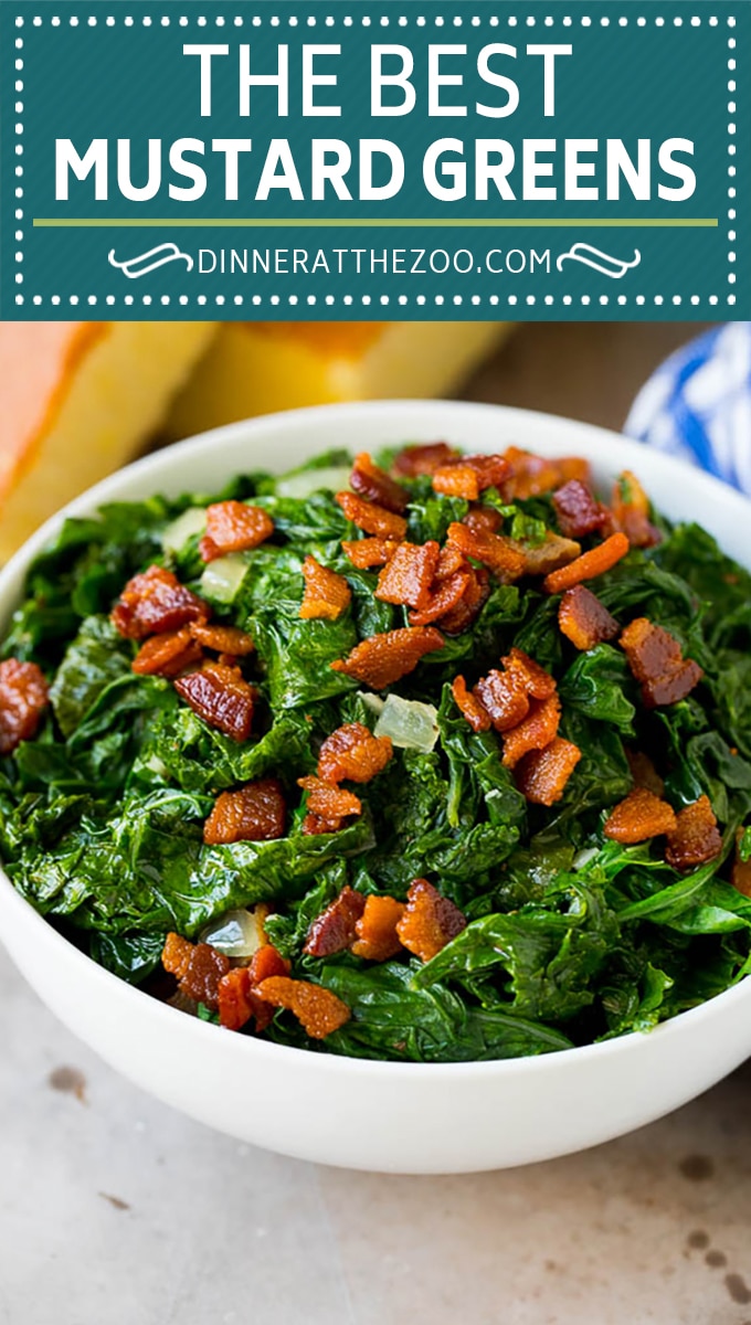 These Southern style mustard greens are cooked with smoky bacon and seasonings until tender and flavorful.