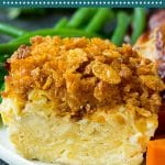 This noodle kugel is egg noodles that are baked in a sweet custard mixture, then finished off with a cinnamon sugar cornflake topping.