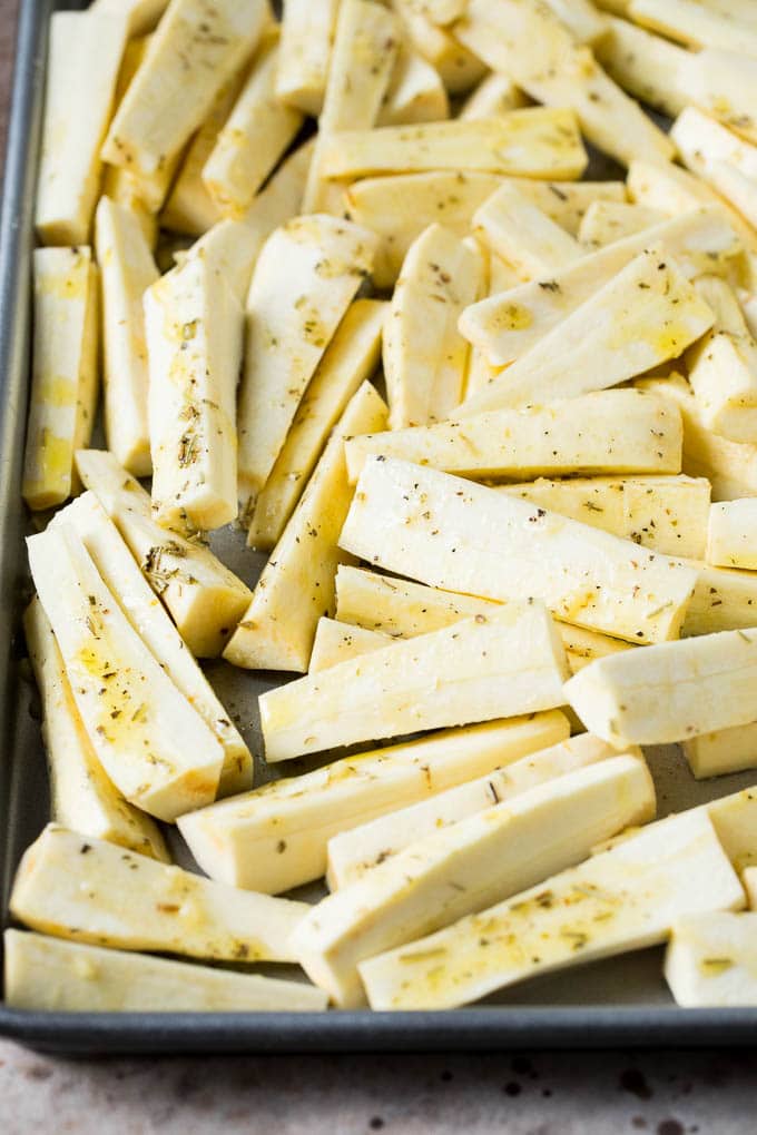 Parsnips coated in olive oil, herbs and garlic.