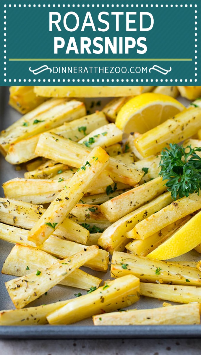 These roasted parsnips are coated in garlic, olive oil and herbs, then cooked in the oven until golden brown.