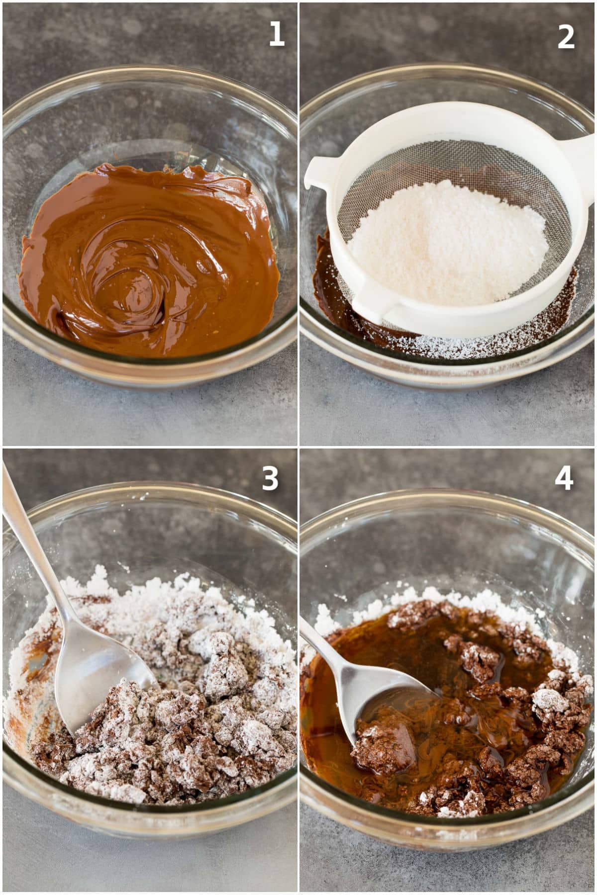 Step by step process shots showing melted chocolate being mixed with powdered sugar and rum.