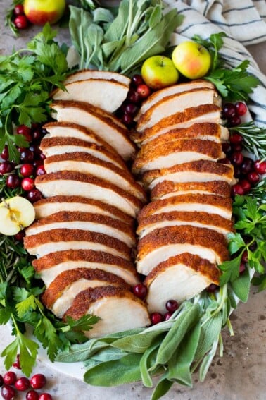 Sliced smoked turkey breast on a serving plate with herbs.