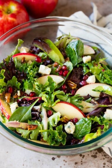 Thankgiving salad with mixed greens, apples, blue cheese and pecans.