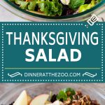 This Thanksgiving salad is a blend of mixed greens, fresh apples, pomegranate seeds, blue cheese and candied pecans, all tossed in a homemade vinaigrette.