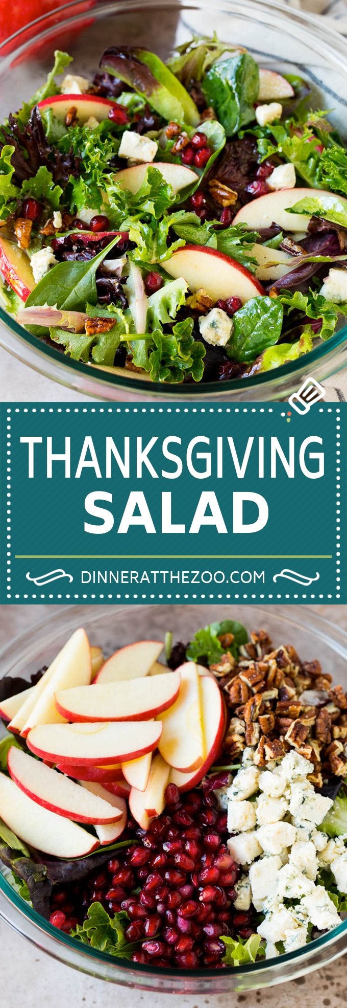 This Thanksgiving salad is a blend of mixed greens, fresh apples, pomegranate seeds, blue cheese and candied pecans, all tossed in a homemade vinaigrette.