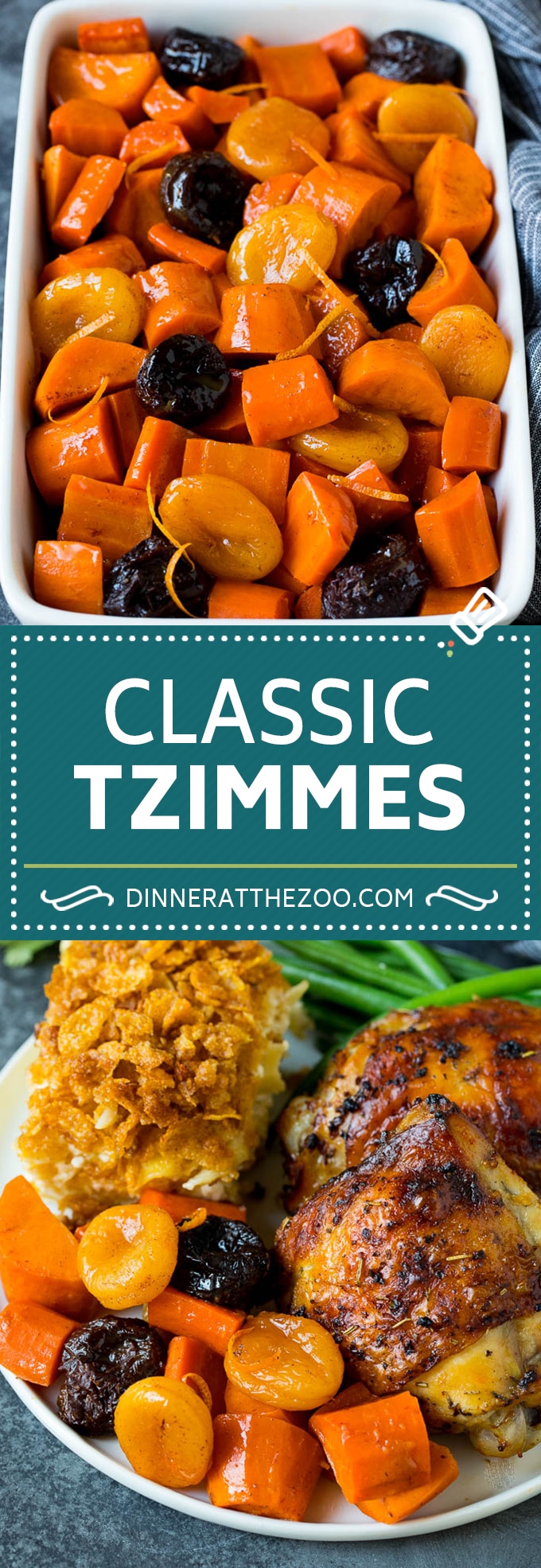 This tzimmes recipe is a colorful stew made with sweet potatoes, carrots and dried fruit.