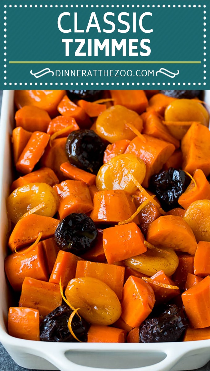 This tzimmes recipe is a colorful stew made with sweet potatoes, carrots and dried fruit.