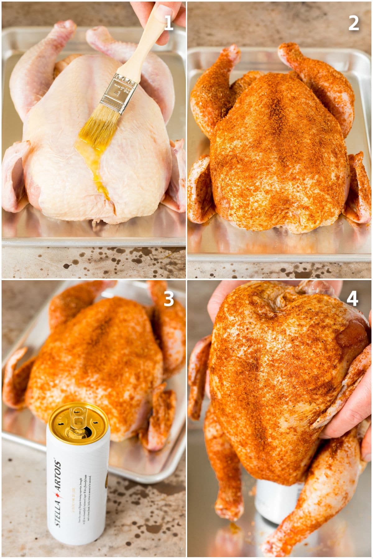 Process shots showing how to prepare beer can chicken.