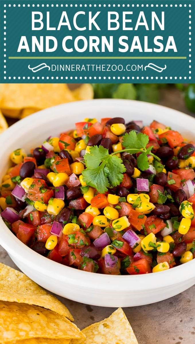 This black bean and corn salsa is a blend of fresh tomatoes, cilantro, jalapeno, corn kernels and beans, all mixed together to make a zesty and flavorful dip.
