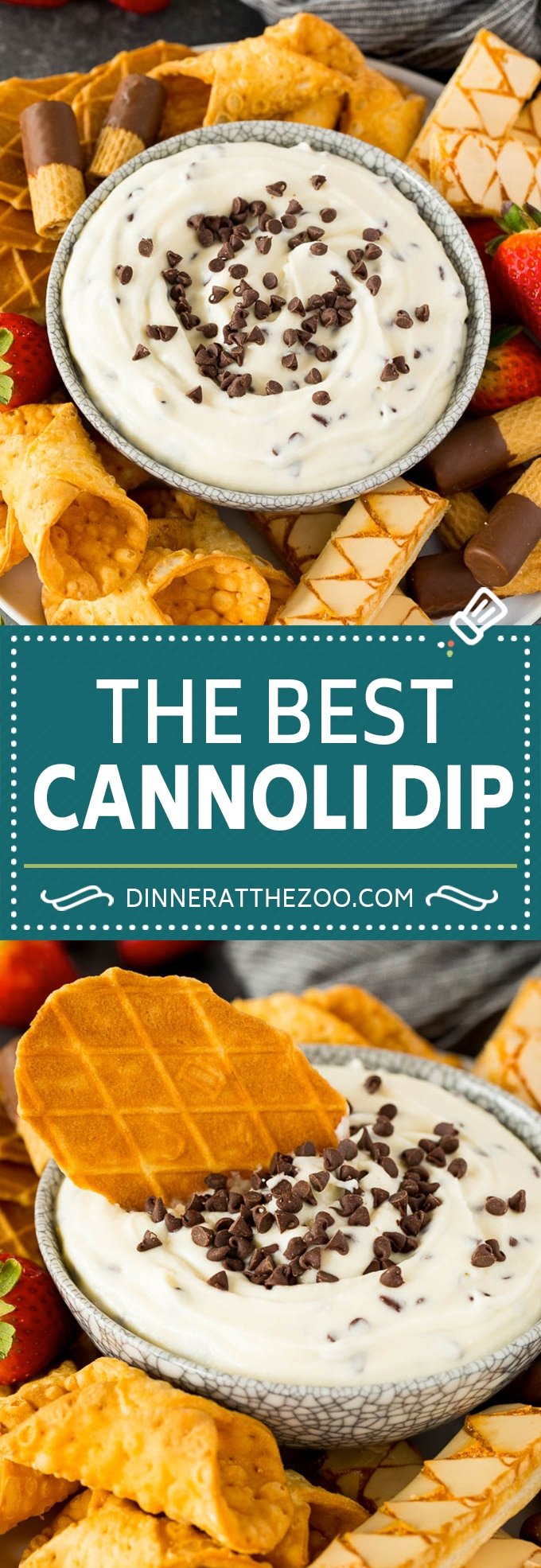 This cannoli dip is a blend of two types of sweet Italian cheeses, sugar and chocolate chips, all blended together to make a creamy dip that tastes just like the inside of a cannoli.