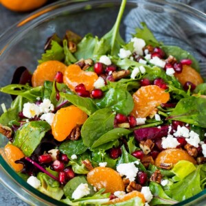 Christmas salad with oranges, pomegranate and candied pecans.