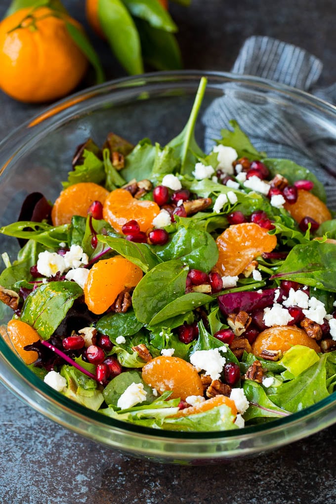 Christmas salad with oranges, pomegranate and candied pecans.