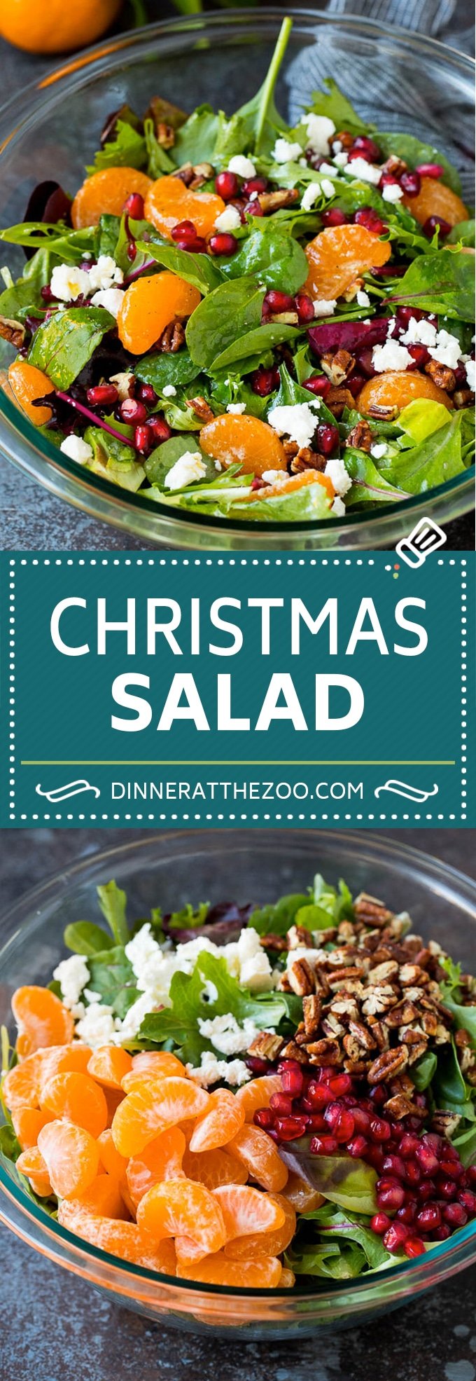 This Christmas salad is a blend of mixed greens, oranges, pomegranate, feta cheese and candied pecans, all tossed in a homemade dressing.