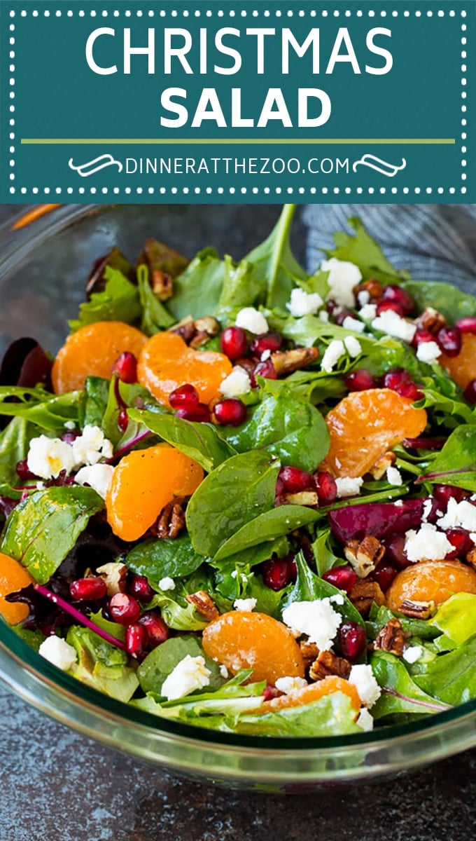 This Christmas salad is a blend of mixed greens, oranges, pomegranate, feta cheese and candied pecans, all tossed in a homemade dressing.