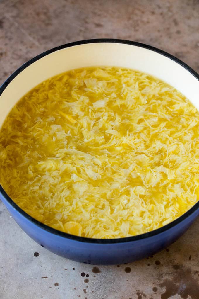 Chicken broth with beaten eggs swirled into it.