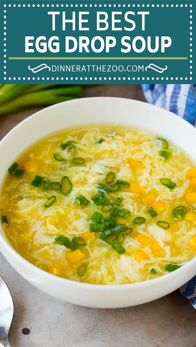 This easy egg drop soup is a simple dish made with beaten eggs, green onions, ginger and corn, all in a complex and savory broth.