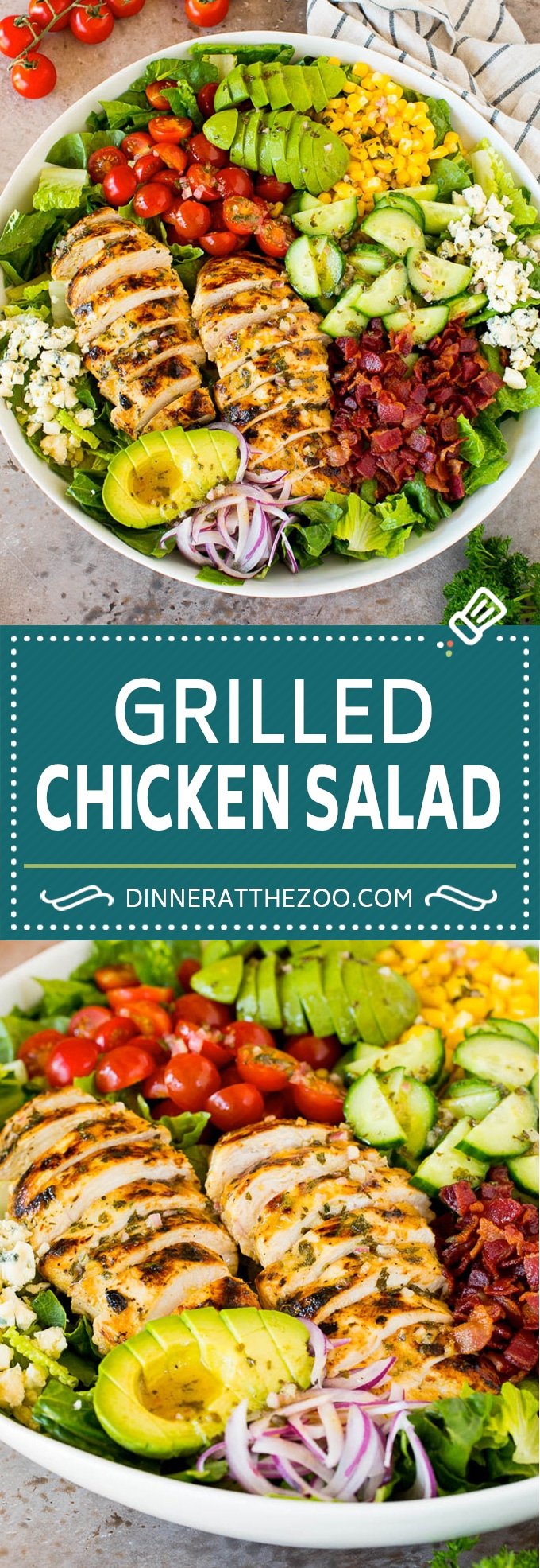 This grilled chicken salad is tender marinated chicken that's grilled to perfection then served over lettuce with bacon, avocado, corn, blue cheese and tomatoes.