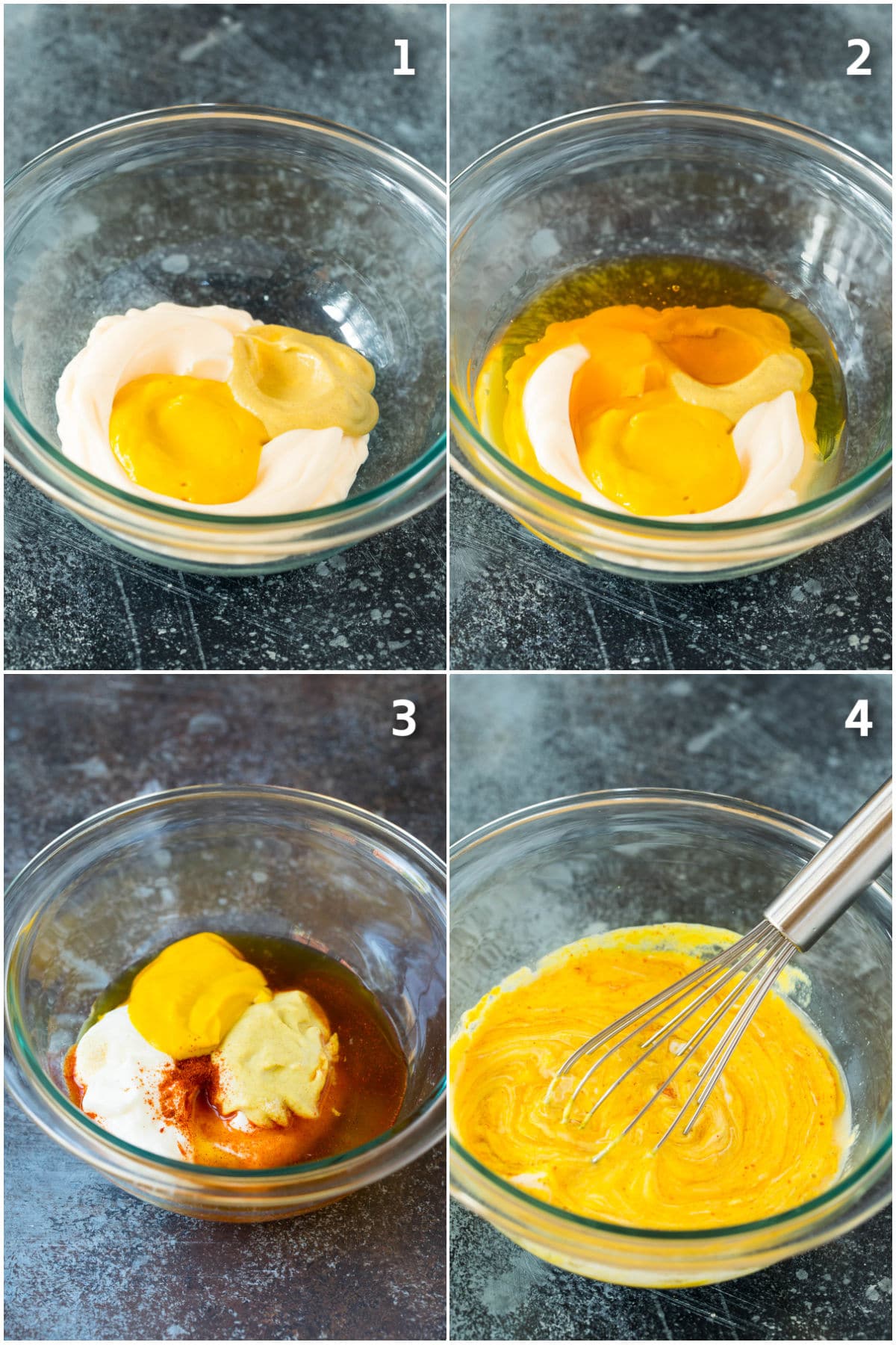 Process shots of ingredients going into a bowl and being whisked together.