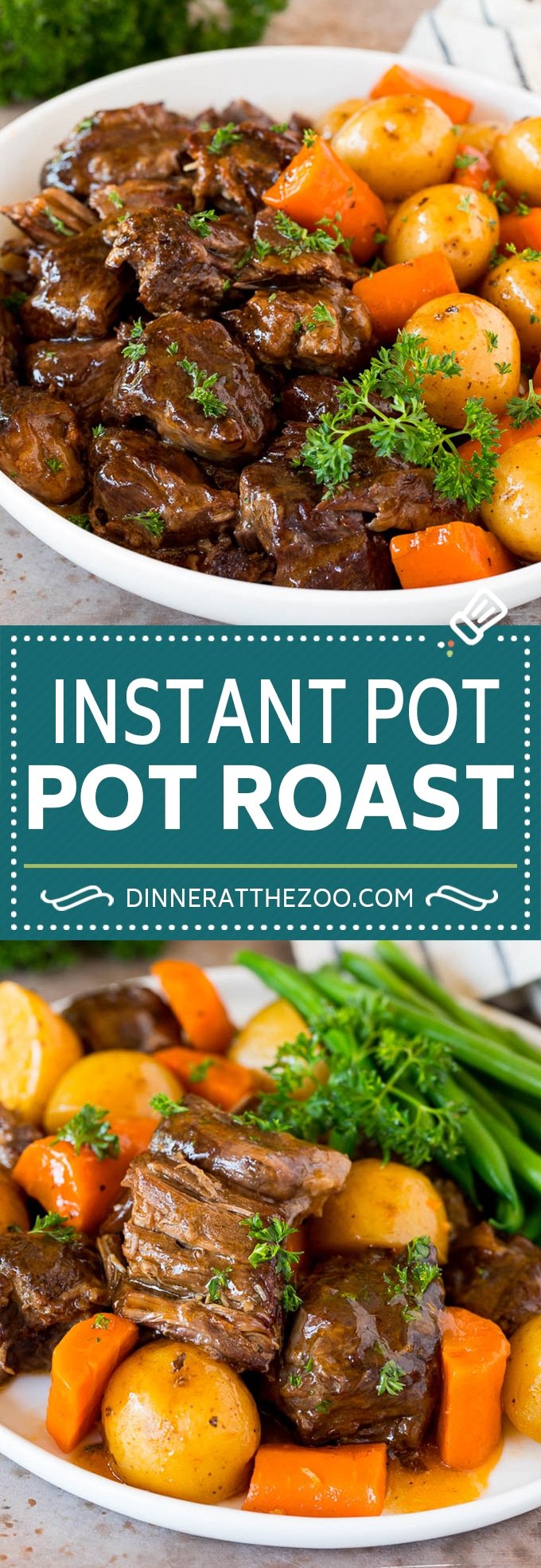 The best Instant Pot pot roast with beef, potatoes, carrots, herbs and spices, all cooked in the pressure cooker.
