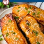 This miso salmon is fresh fish fillets soaked in a flavorful marinade, then broiled to perfection and topped with sesame seeds.