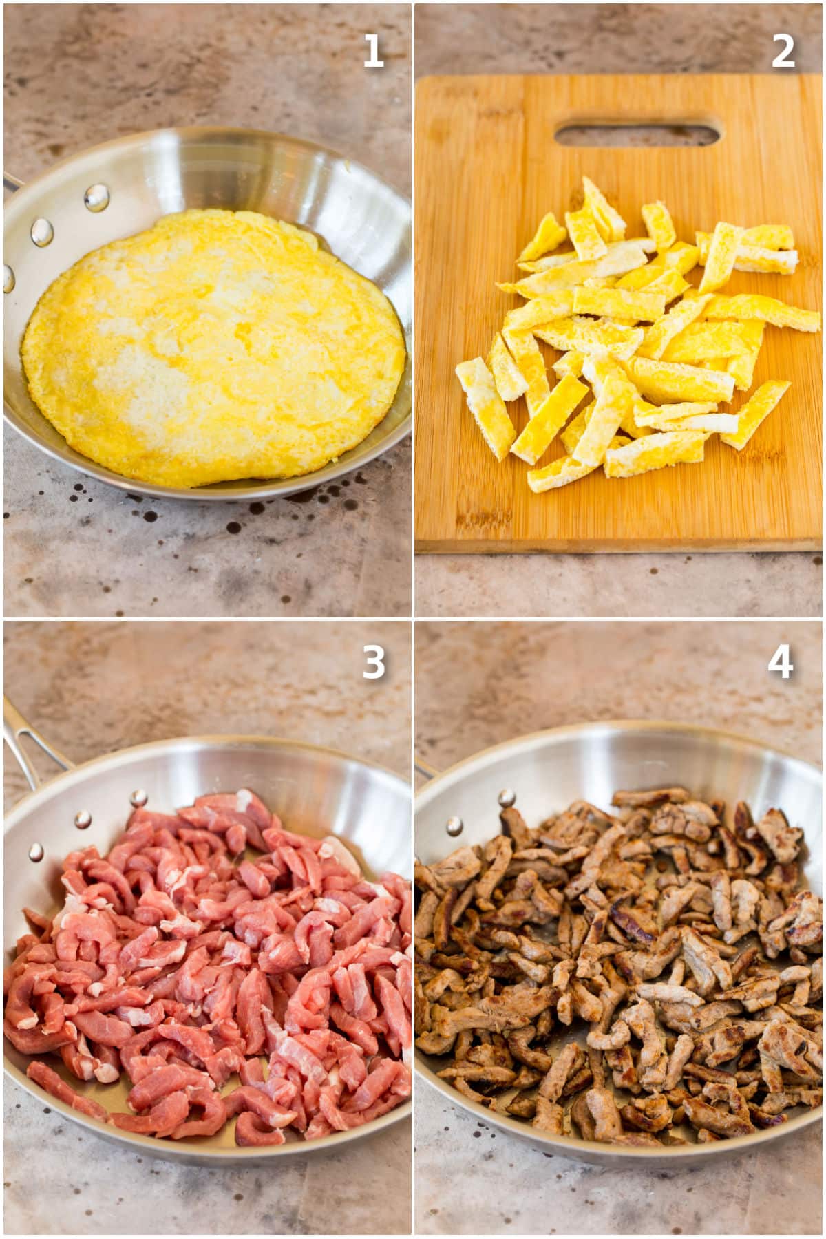 Process shots showing how to stir fry eggs and pork.