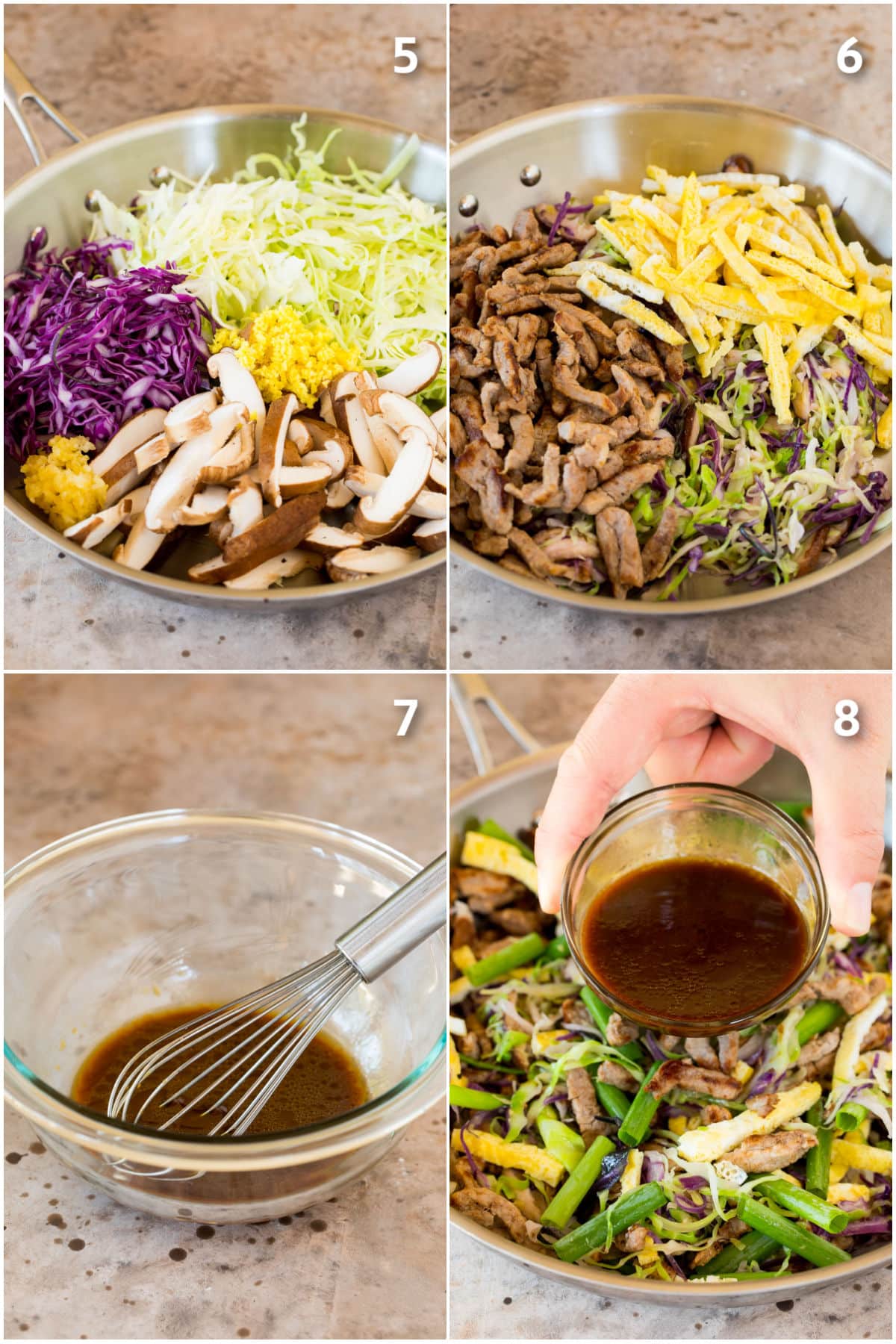 Step by step shots showing how to make moo shu pork.