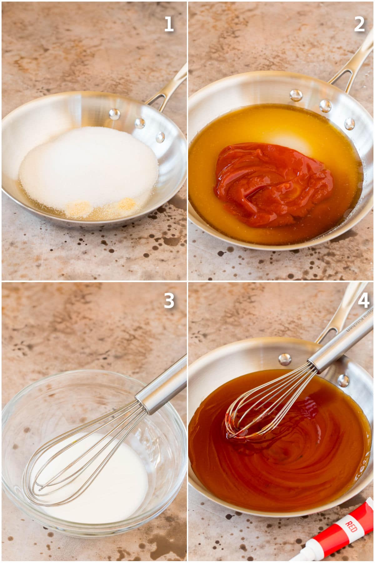 Step by step shots on how to make sweet and sour sauce.